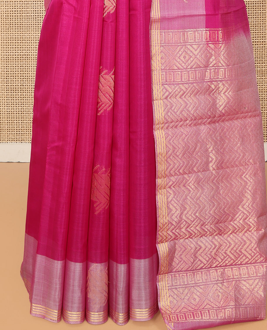 Pink Cotton Saree, Delicately Woven with Zari Buttas, a Contrast Zari Border, a Chevron Pallu, and a Contrast Blouse