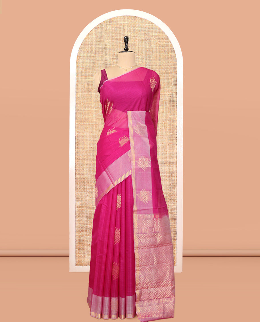 Pink Cotton Saree, Delicately Woven with Zari Buttas, a Contrast Zari Border, a Chevron Pallu, and a Contrast Blouse
