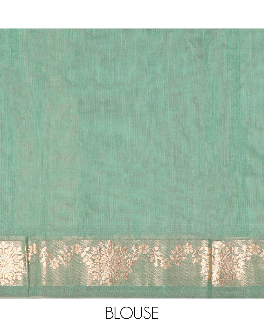 Sea green floral motifs silk cotton saree with contrast intricate zari design border & floral design pallu