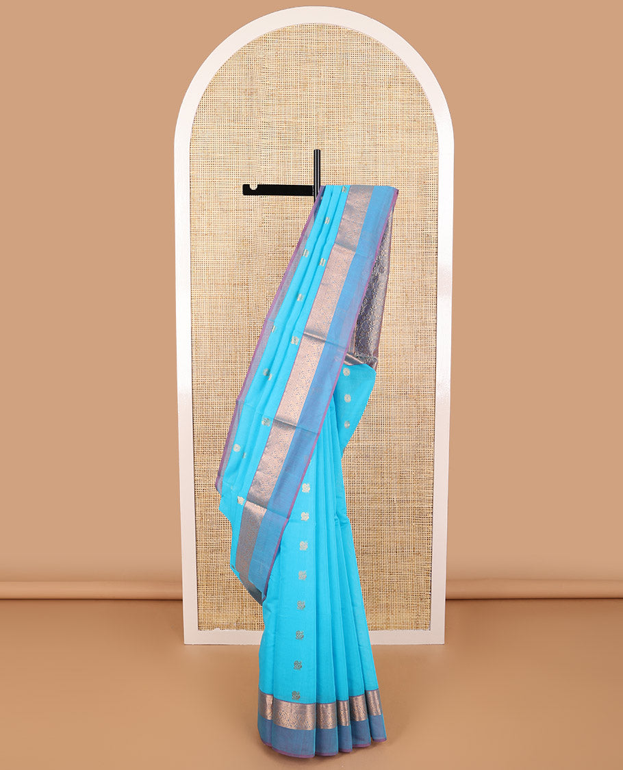 Light blue floral motifs silk cotton saree with contrast zari design border & intricate jaal design pallu