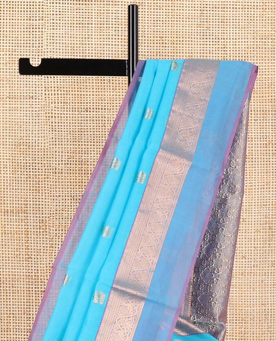 Light blue floral motifs silk cotton saree with contrast zari design border & intricate jaal design pallu
