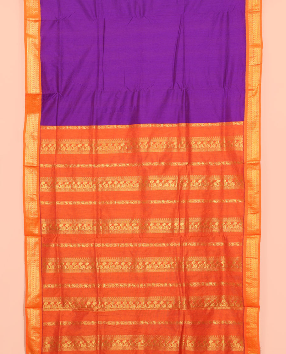 Violet Plain Nine Yard Cotton Saree, Complemented by Contrast Traditional Zari Design Border, Pallu of Traditional Designs, and Comes Without a Blouse