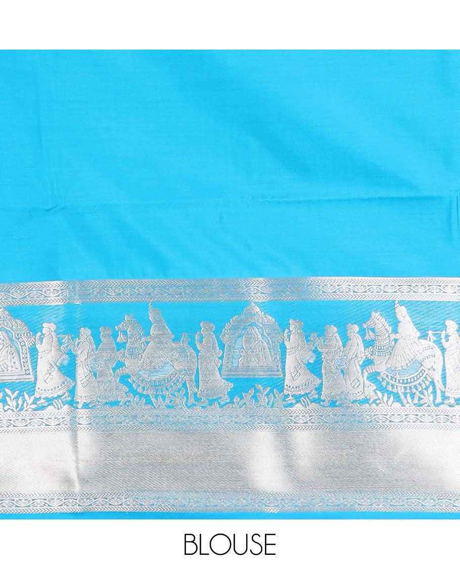 Grey zari designs soft silk saree, contrast zari border of human figurines, and pallu of intricate designs