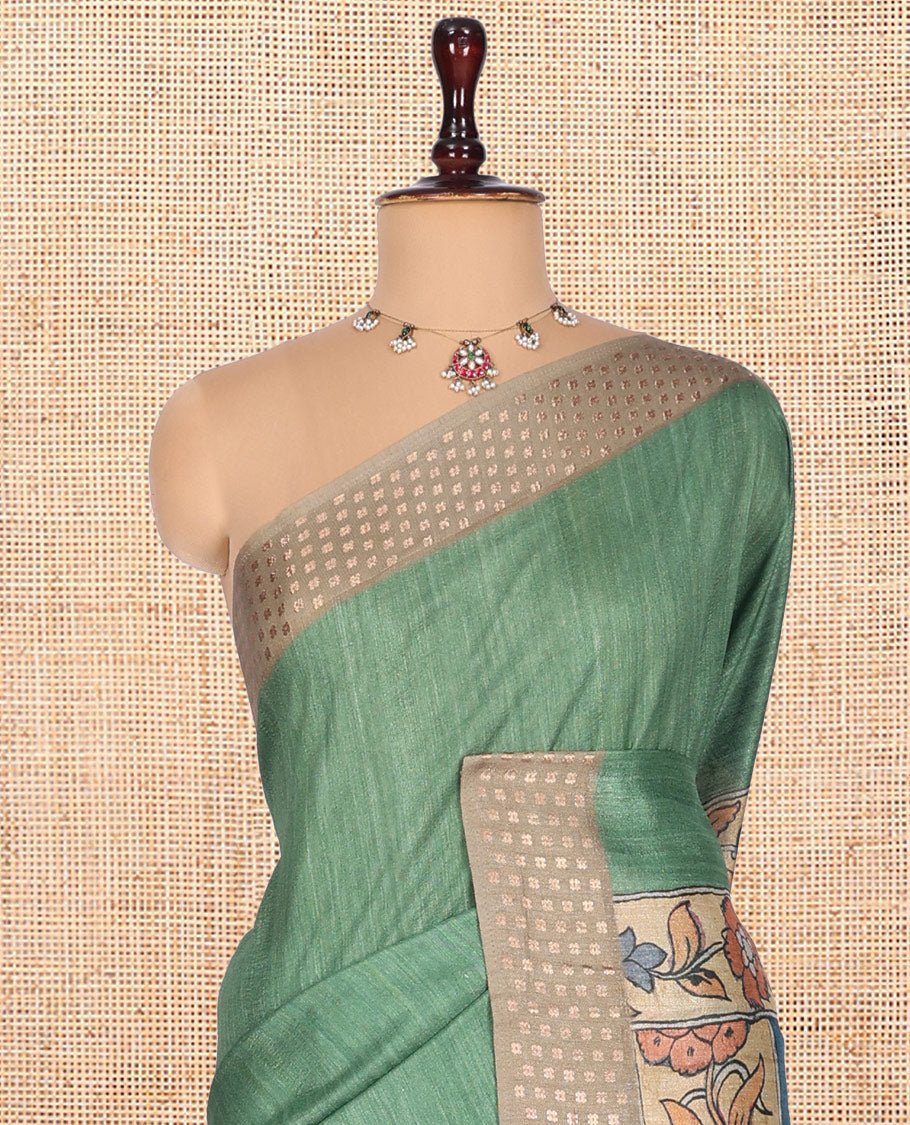 Green Plain Fancy Tussar Silk Saree, Contrast Triangle Motif Border, Pallu of Kalamkari Animal Motifs, and Contrast Kalamkari Printed Blouse