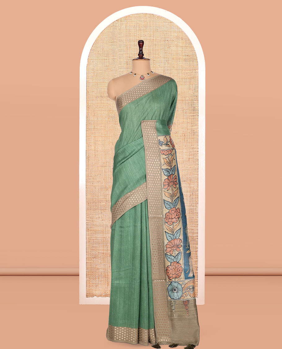 Green Plain Fancy Tussar Silk Saree, Contrast Triangle Motif Border, Pallu of Kalamkari Animal Motifs, and Contrast Kalamkari Printed Blouse