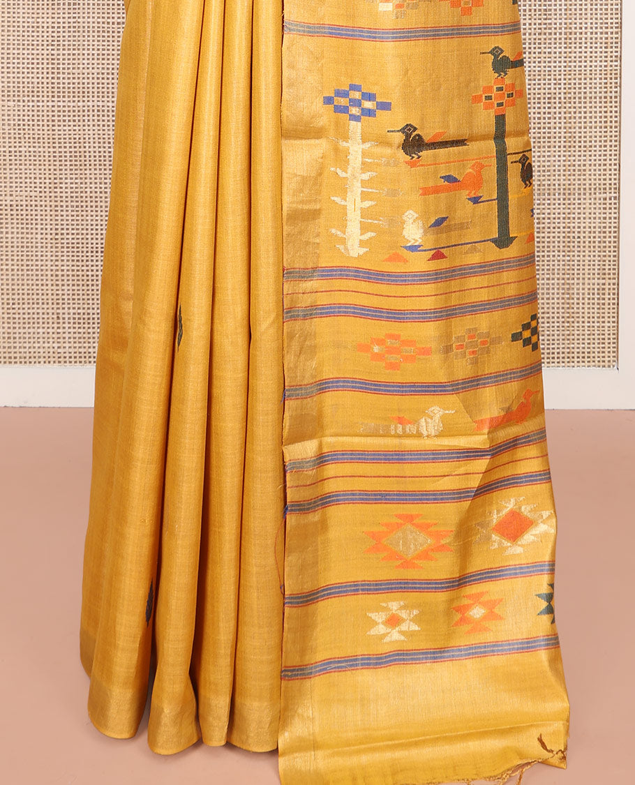 Yellow Tussar Silk Saree, Accentuated with Thread Buttas All Over Its Body, Subtly Piping Border, Pallu Features Unique Designs, and Paired with a Matching Blouse