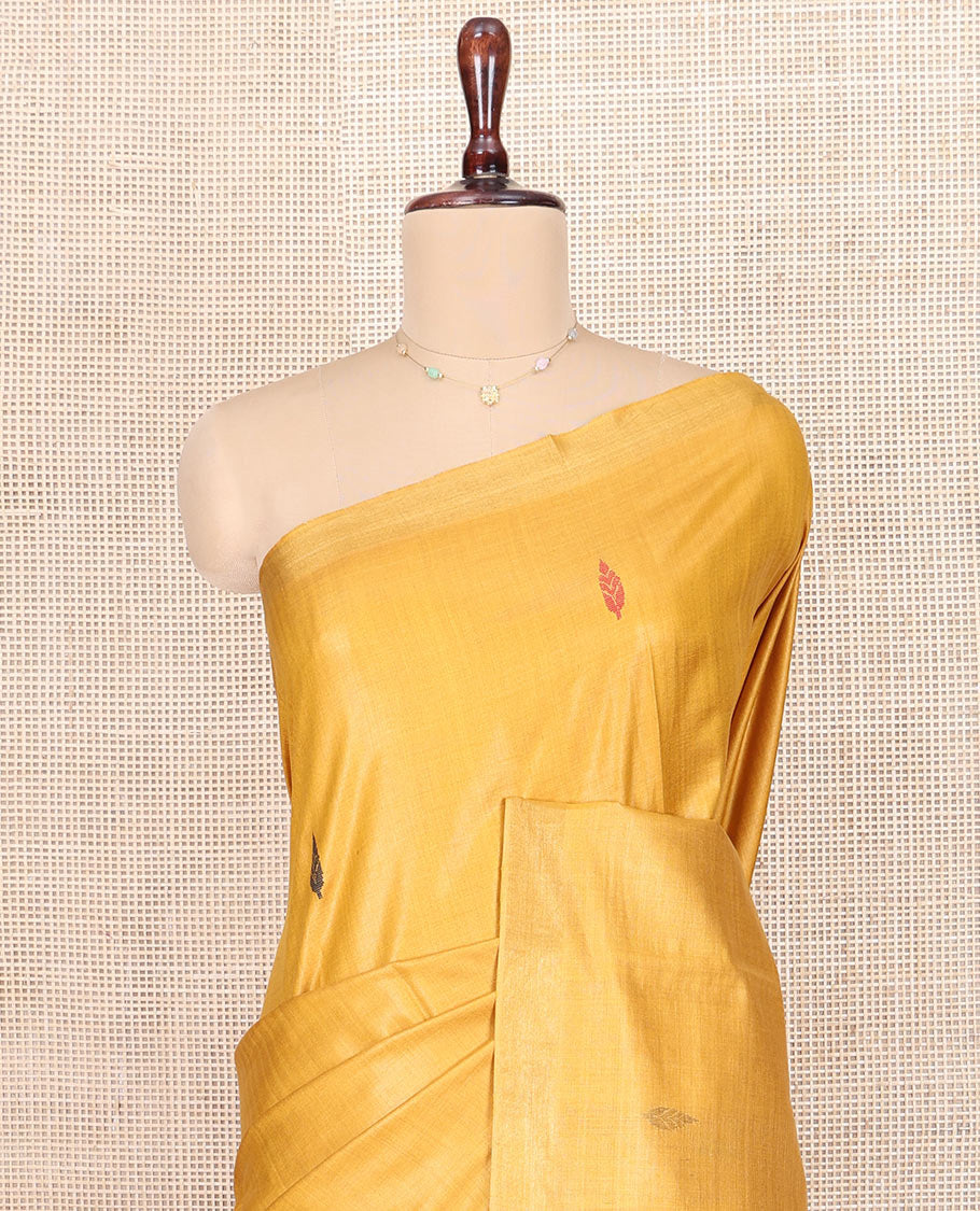 Yellow Tussar Silk Saree, Accentuated with Thread Buttas All Over Its Body, Subtly Piping Border, Pallu Features Unique Designs, and Paired with a Matching Blouse
