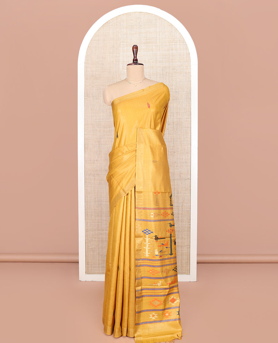 Yellow Tussar Silk Saree, Accentuated with Thread Buttas All Over Its Body, Subtly Piping Border, Pallu Features Unique Designs, and Paired with a Matching Blouse