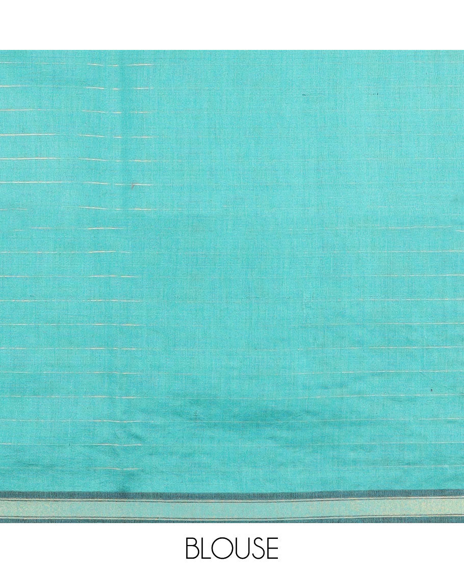 Blue checked tussar silk saree, zari border, and contrast striped pallu