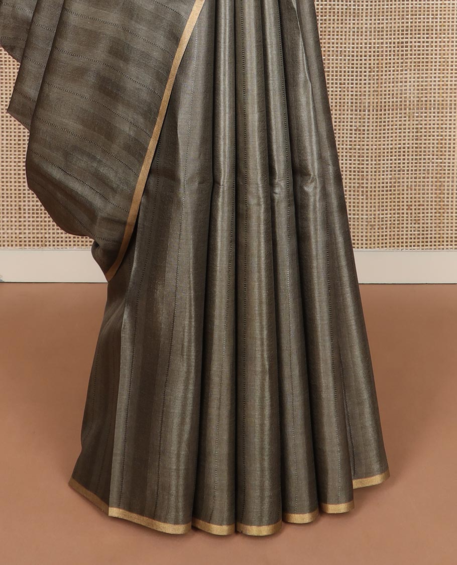 Borderless graphite grey sparsely striped tussar silk saree, striped pallu