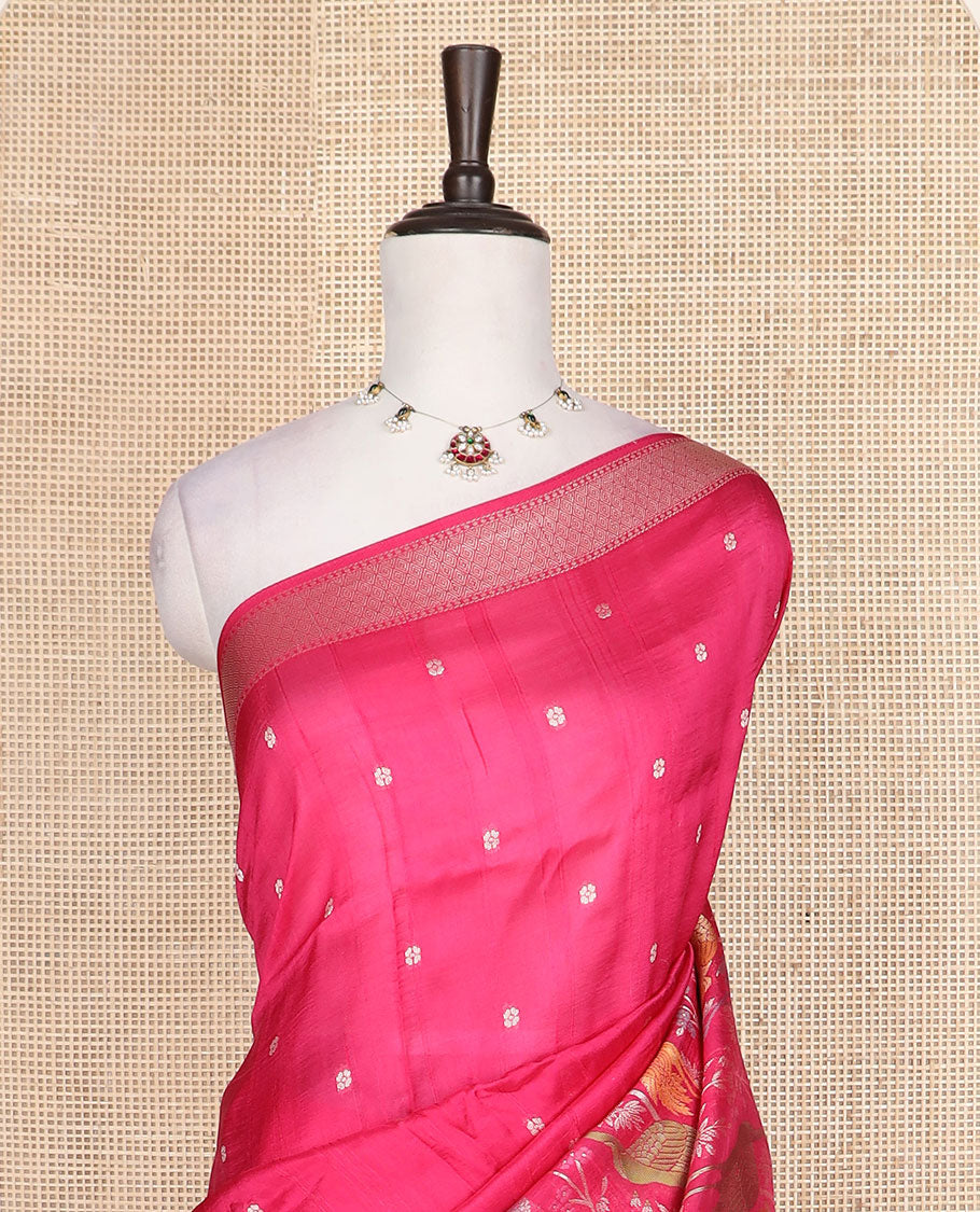 Rani pink floral, and swan meenakari design Matka silk saree, traditional border, and pallu of swan, and floral designs