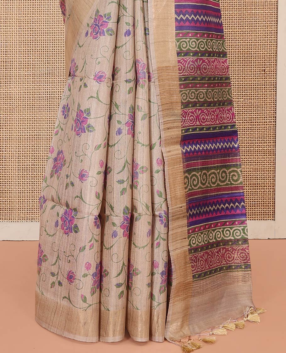 Light Sandal Tussar Silk Saree, Beautifully Decked Up with Floral Vine Print, Subtly Zari Border, Pallu Steeped with Colorful Geometric Motifs Print, and Paired with a Contrast Blouse