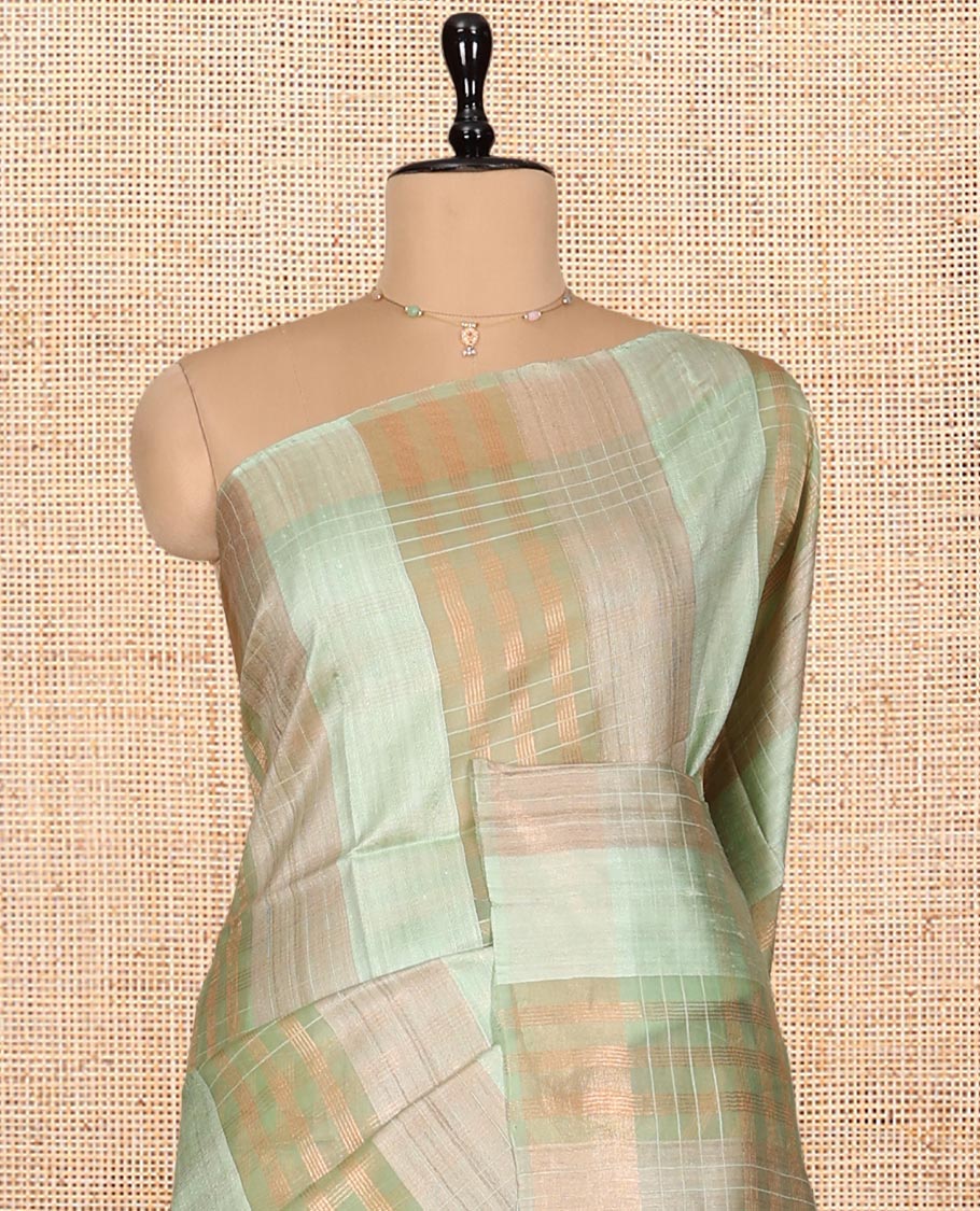 Borderless Green Checked Tussar Silk Saree, a Self-Pallu, and a Matching Blouse