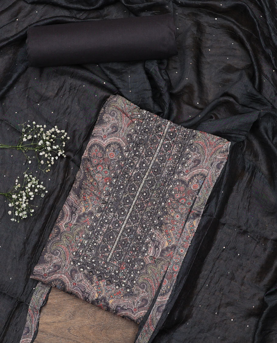 Black material chudidar set, intricately paisleys printed and neck work top, plain bottom and sequins striped dupatta
