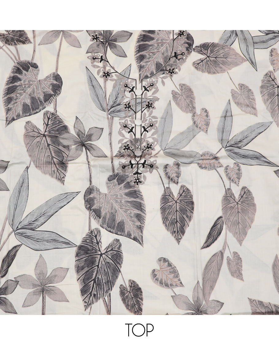 Cream material churidar set, floral print and embroidered top, plain bottom, and a floral embroidered dupatta