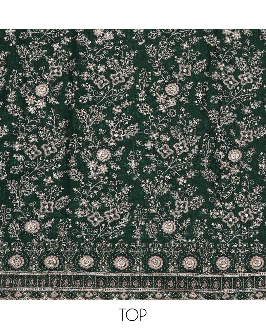 Green material chudidar set, floral jaal heavy embroidered top, plain bottom and sequins embroidered scallop duppata