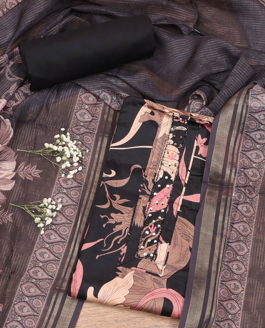 Black Material Chudidar Set, Enthralled with Tropical Floral Printed and Neck Work Rayon Top, a Plain Rayon Bottom, and Paired with Intricately Designed Chanderi Silk Dupatta