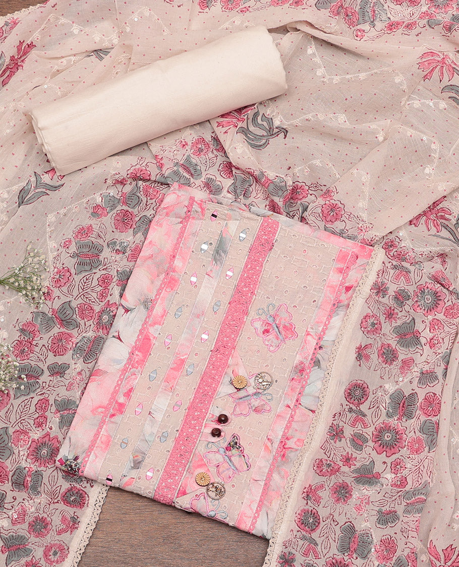 Chikku-Pink Cotton Material Churidar Set Features Floral Print and Neck Patch Top, Contrast Bottom, and Print-Embroidered Dupatta