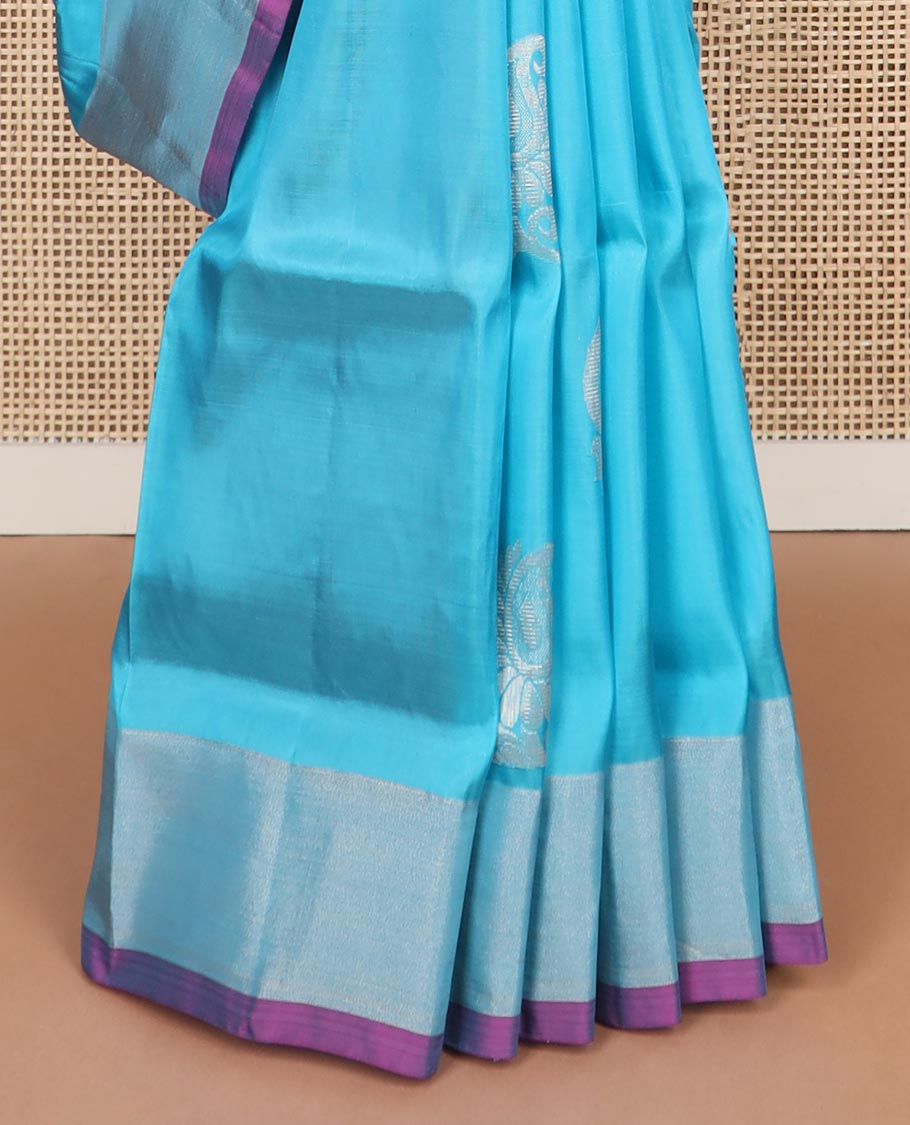 Sky blue motifs uppada silk saree with self zari border & paisley design pallu