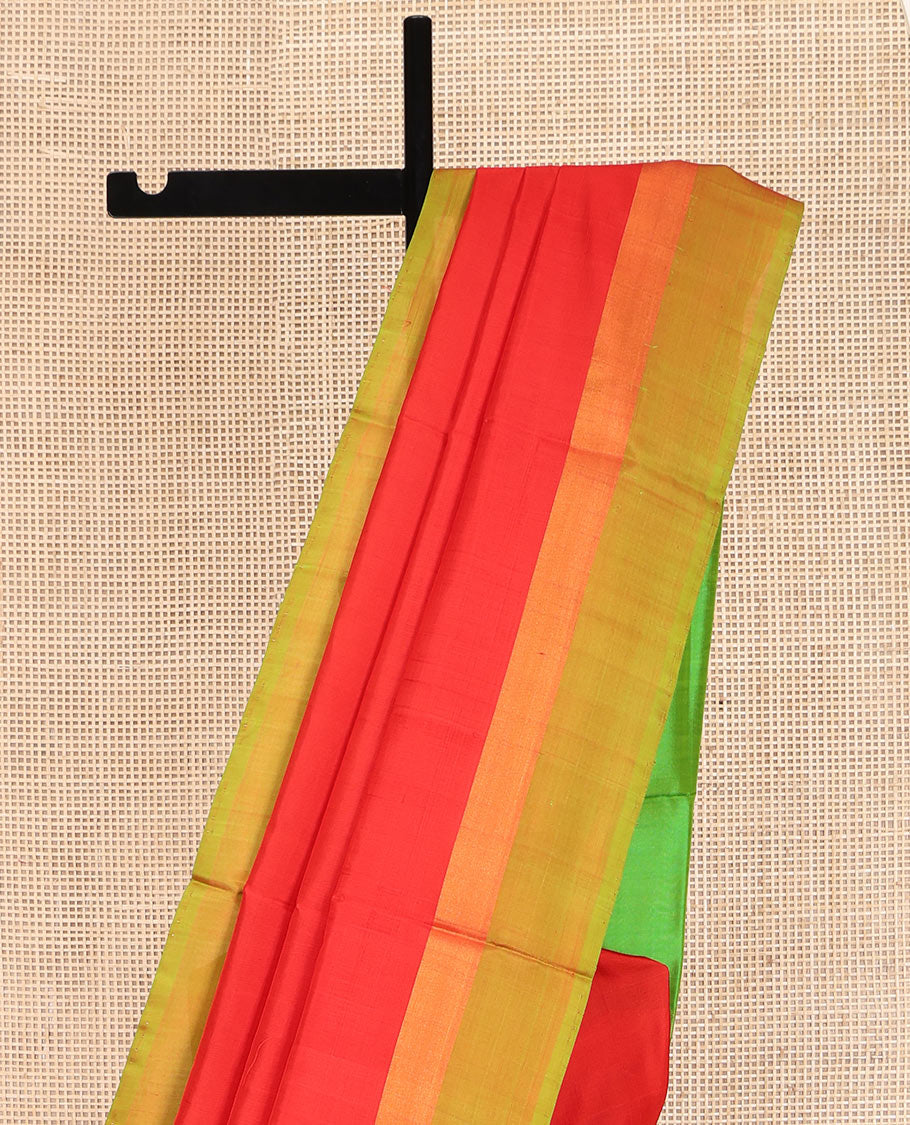 Red Plain Uppada Silk Saree, Complemented by a Contrast Plain Border, Pallu of Zari Designs, and Paired with a Contrast Blouse