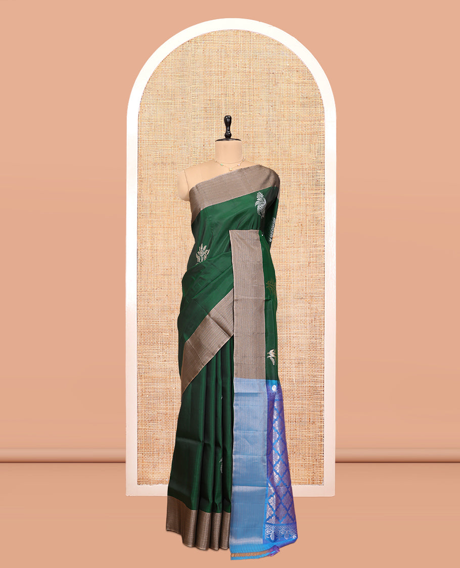 Green Uppada Saree, Bedecked with Floral Buttas, a Bavanji Border, Contrast Intricate Pallu, and a Contrast Blouse