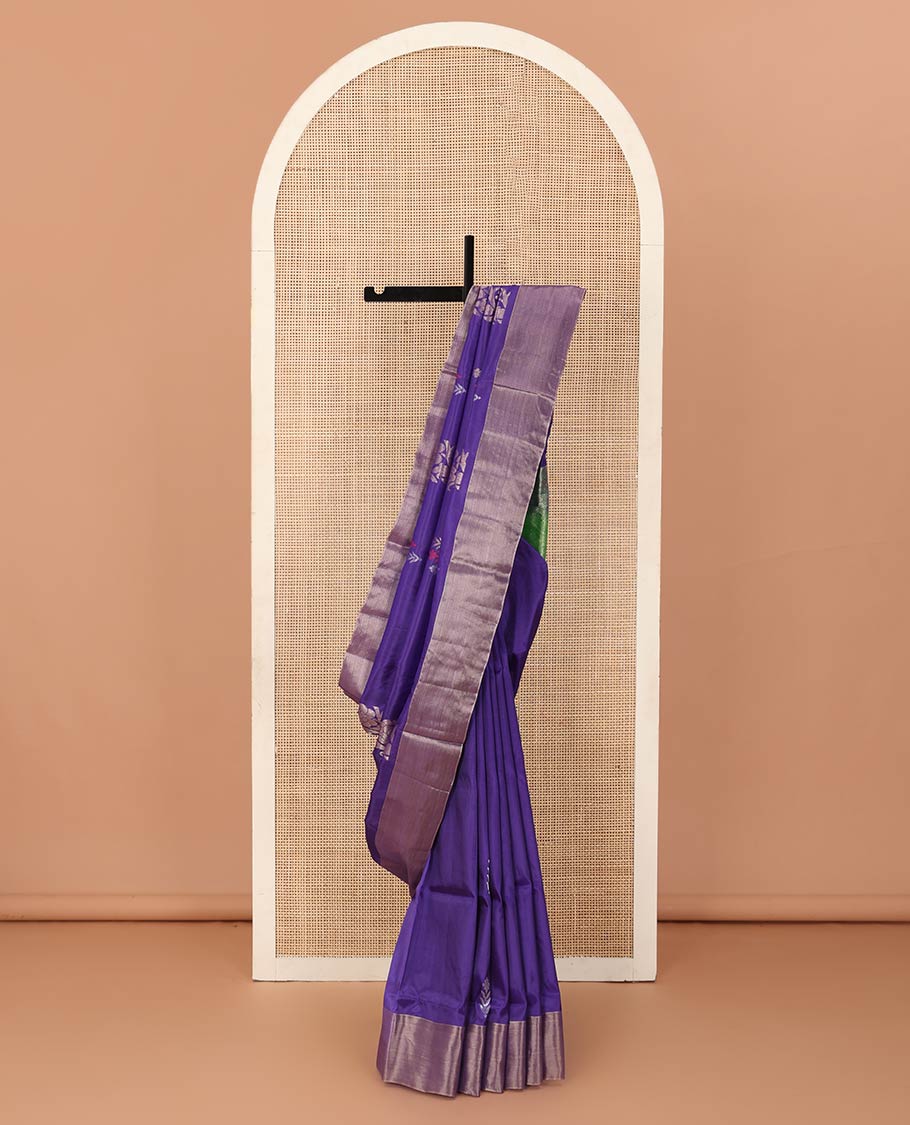 Violet zari buttas and zari design Uppada saree, bavanji border, and contrast traditional zari pallu