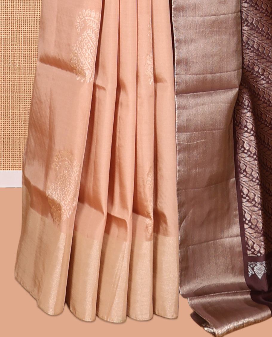 Peach Semi Uppada Saree, Ornamented with Zari Buttas, a Bavanji Border, Contrast Diagonal Leaf Vine Pallu, and a Contrast Blouse