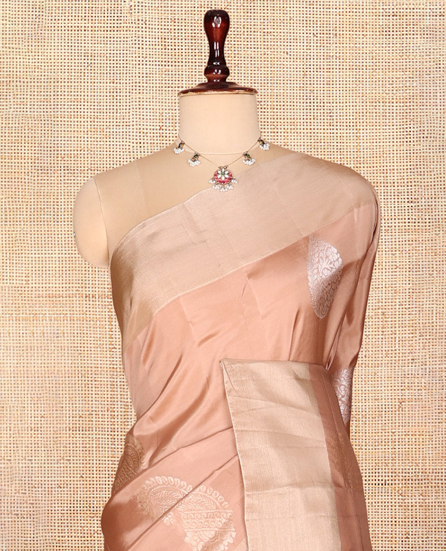 Peach Semi Uppada Saree, Ornamented with Zari Buttas, a Bavanji Border, Contrast Diagonal Leaf Vine Pallu, and a Contrast Blouse