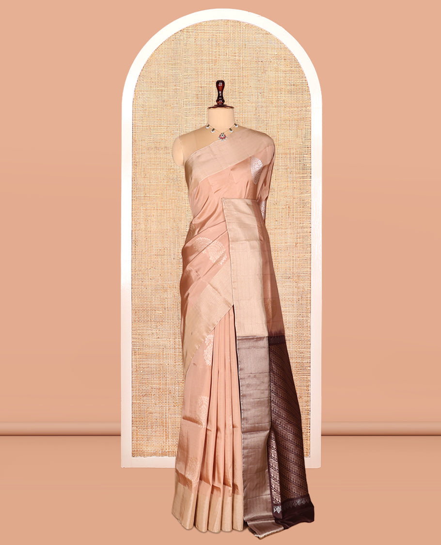 Peach Semi Uppada Saree, Ornamented with Zari Buttas, a Bavanji Border, Contrast Diagonal Leaf Vine Pallu, and a Contrast Blouse