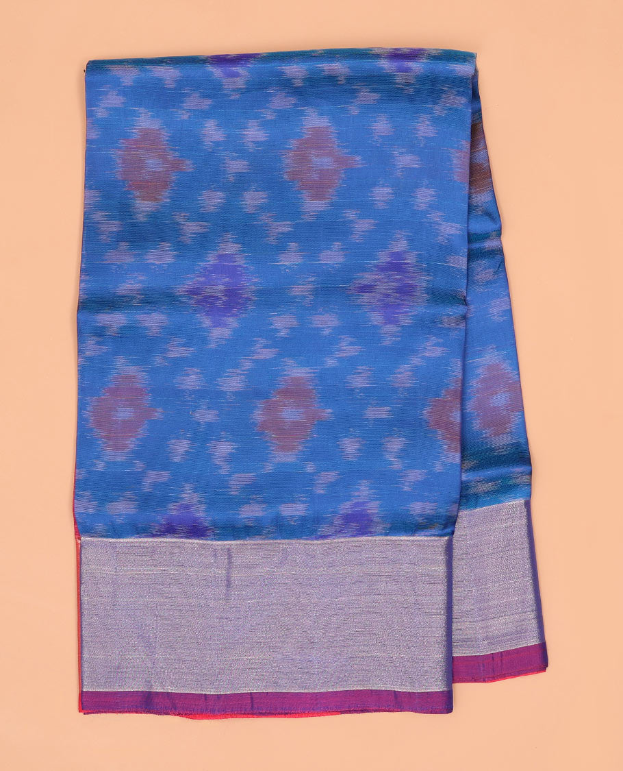 Blue ikkat argyle semi-uppada saree with contrast zari border & intricate ikkat design pallu