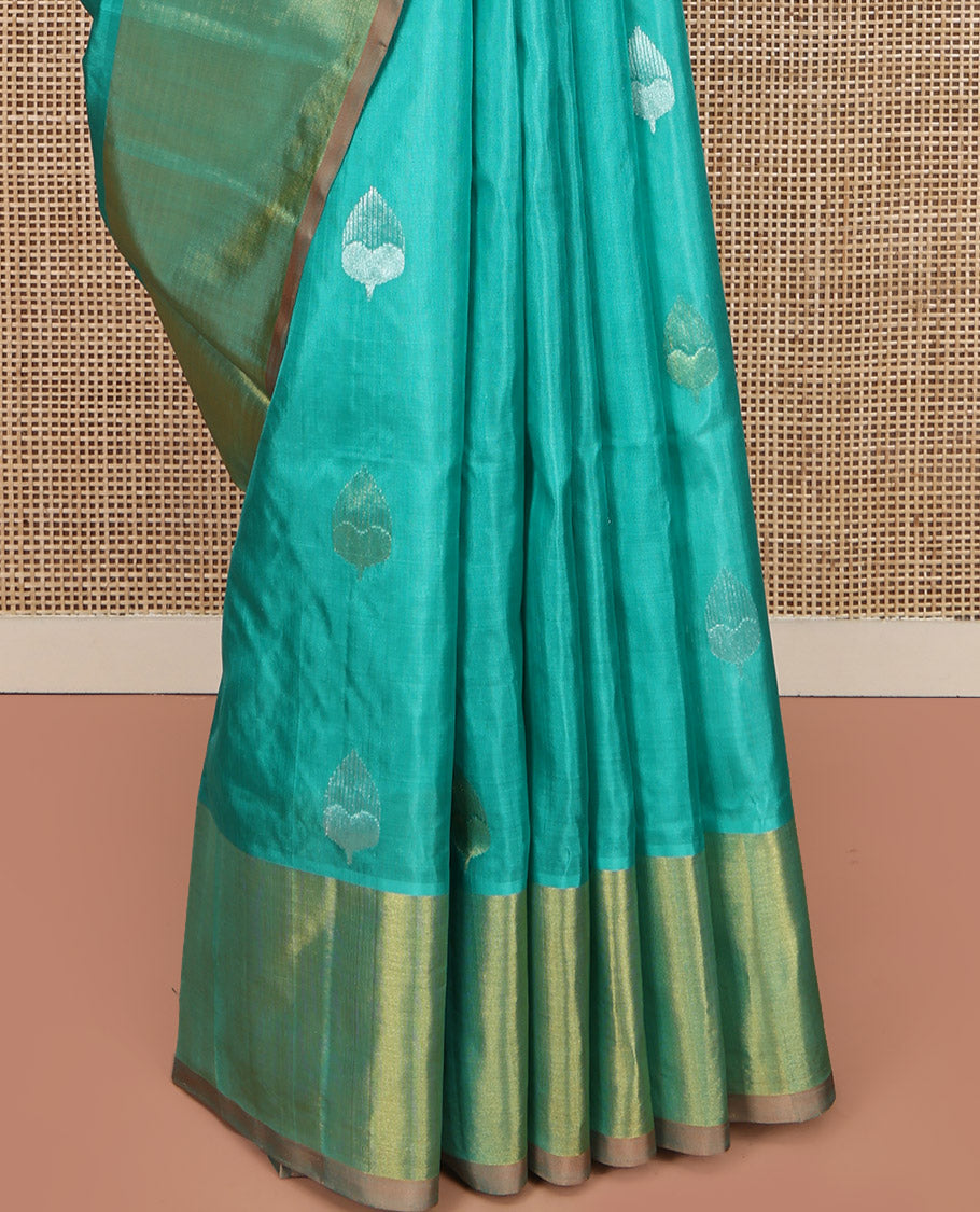 Green Venkatagiri Silk Saree, Subtly Sparkled with Zari Buttas All Over Its Body, Complemented by a Contrast Zari Border, Grand Pallu, and Paired with a Contrast Blouse