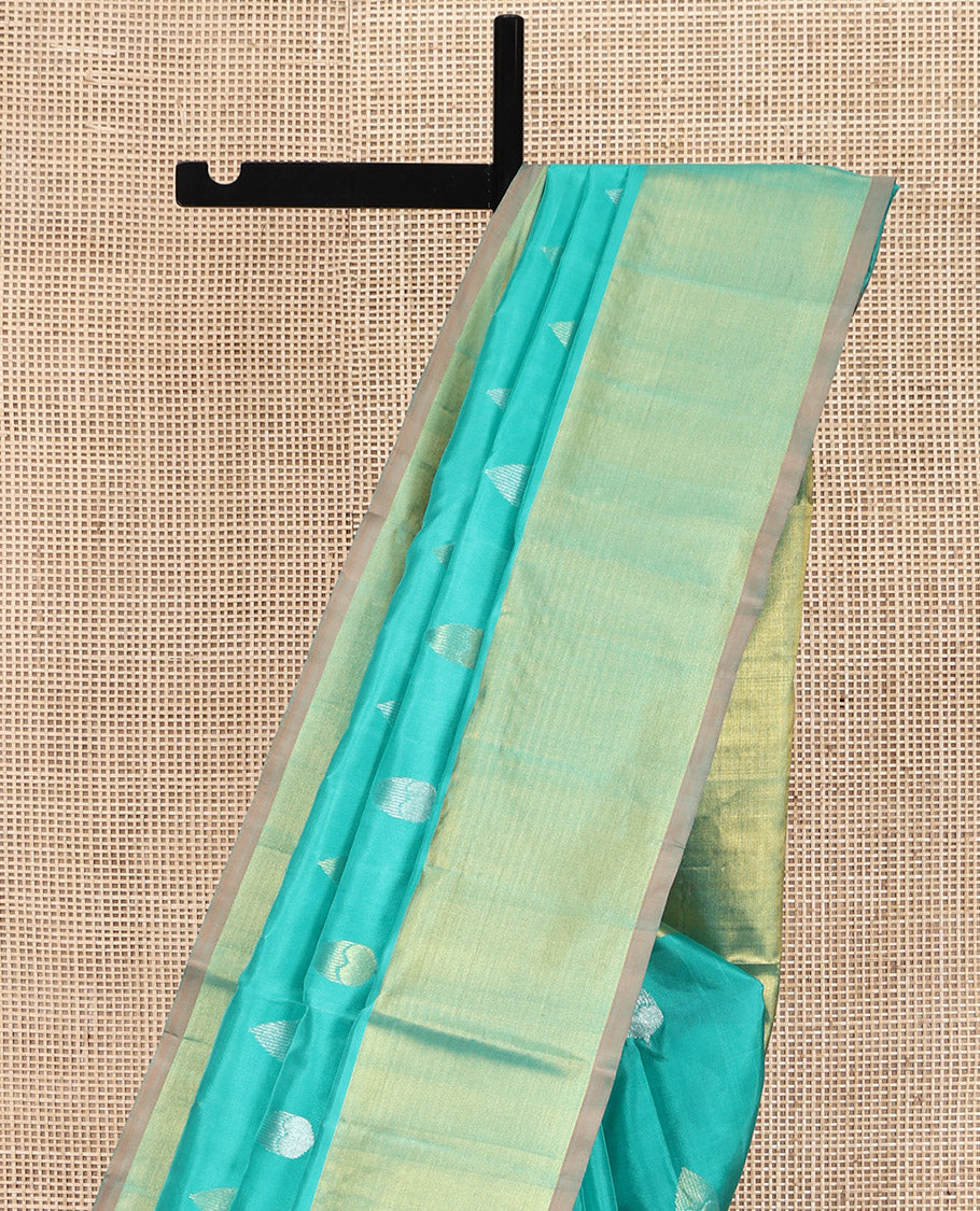 Green Venkatagiri Silk Saree, Subtly Sparkled with Zari Buttas All Over Its Body, Complemented by a Contrast Zari Border, Grand Pallu, and Paired with a Contrast Blouse