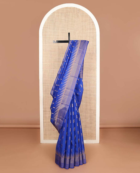 Blue zari buttas Vasundhara silk mix saree, thazampoo rekku zari border & jaal pallu