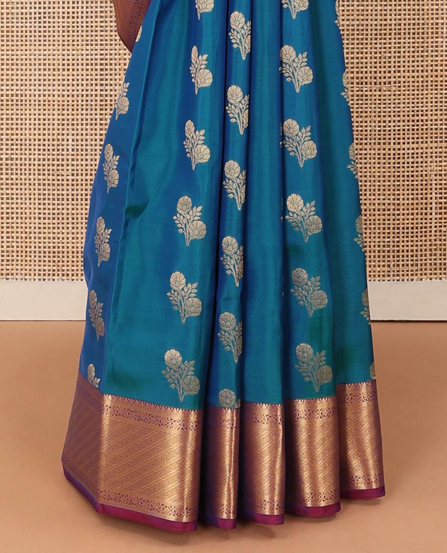Blue zari buttas Vasundhara silk mix saree, contrast border of kodi visiry, and Greek key designs, and ogee patterned pallu