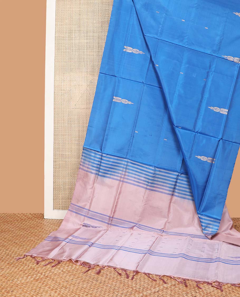 Sky blue motifs banana pith saree with self border & striped, motifs pallu