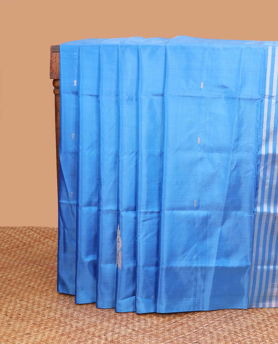 Sky blue motifs banana pith saree with self border & striped, motifs pallu
