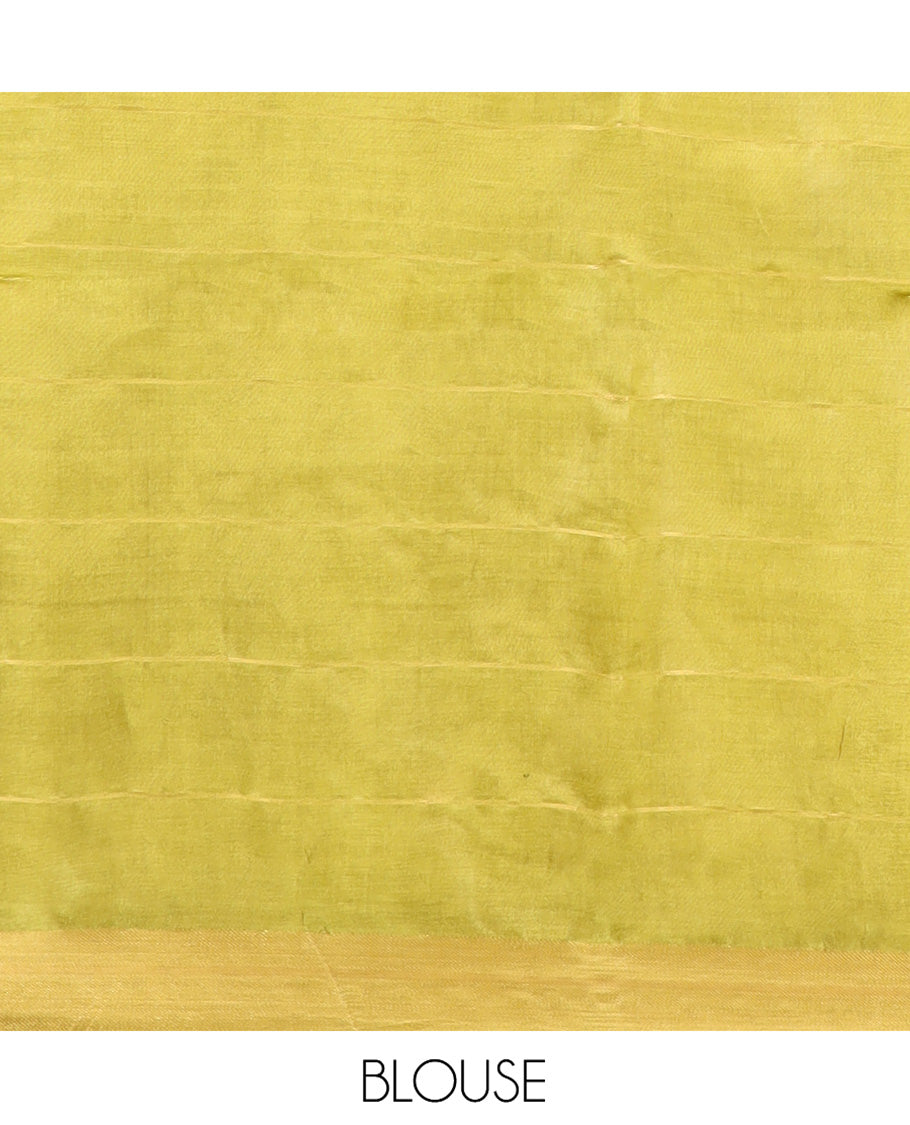 Green Banana Pith Saree Detailed with Polka Dot Buttas Enclosed Checks, Subtle Zari Border, Gleaming Zari Stripes Woven Pallu, and Paired with a Matching Plain Blouse