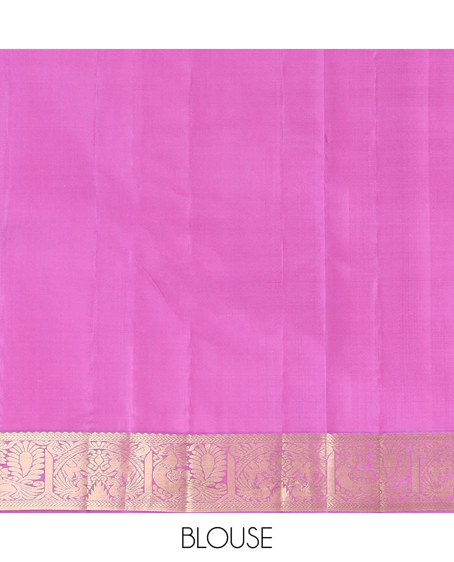 Rani pink mayil and yaanai buttas silk saree, contrast border of rekku, kathir, mayil, and yaanai designs, and pallu of geometric patterns