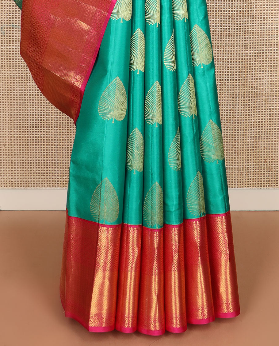 Blue zari buttas silk saree, contrast border of salngai,muthu,kuyil kann,jaal,vanki & dhavana kodi & intricate pallu