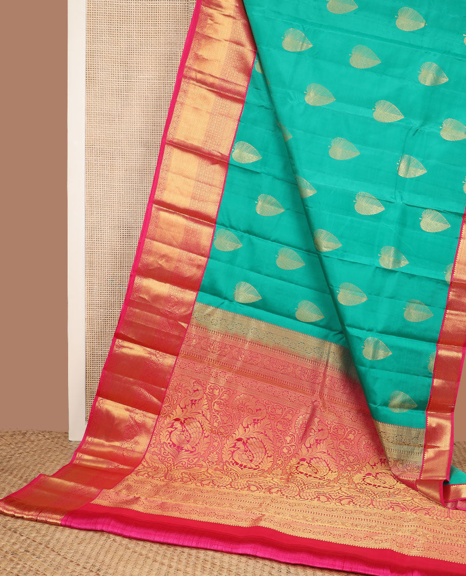 Blue zari buttas silk saree, contrast border of salngai,muthu,kuyil kann,jaal,vanki & dhavana kodi & intricate pallu
