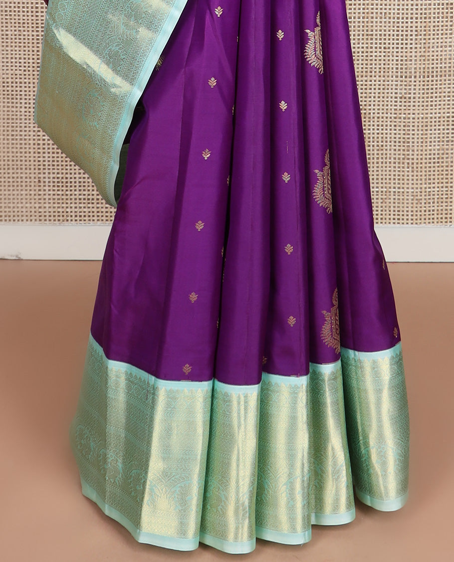 Violet zari buttas silk saree, contrast border of thilakam mokku, poun, kathir, mayil kann and mayil, scallop design pallu