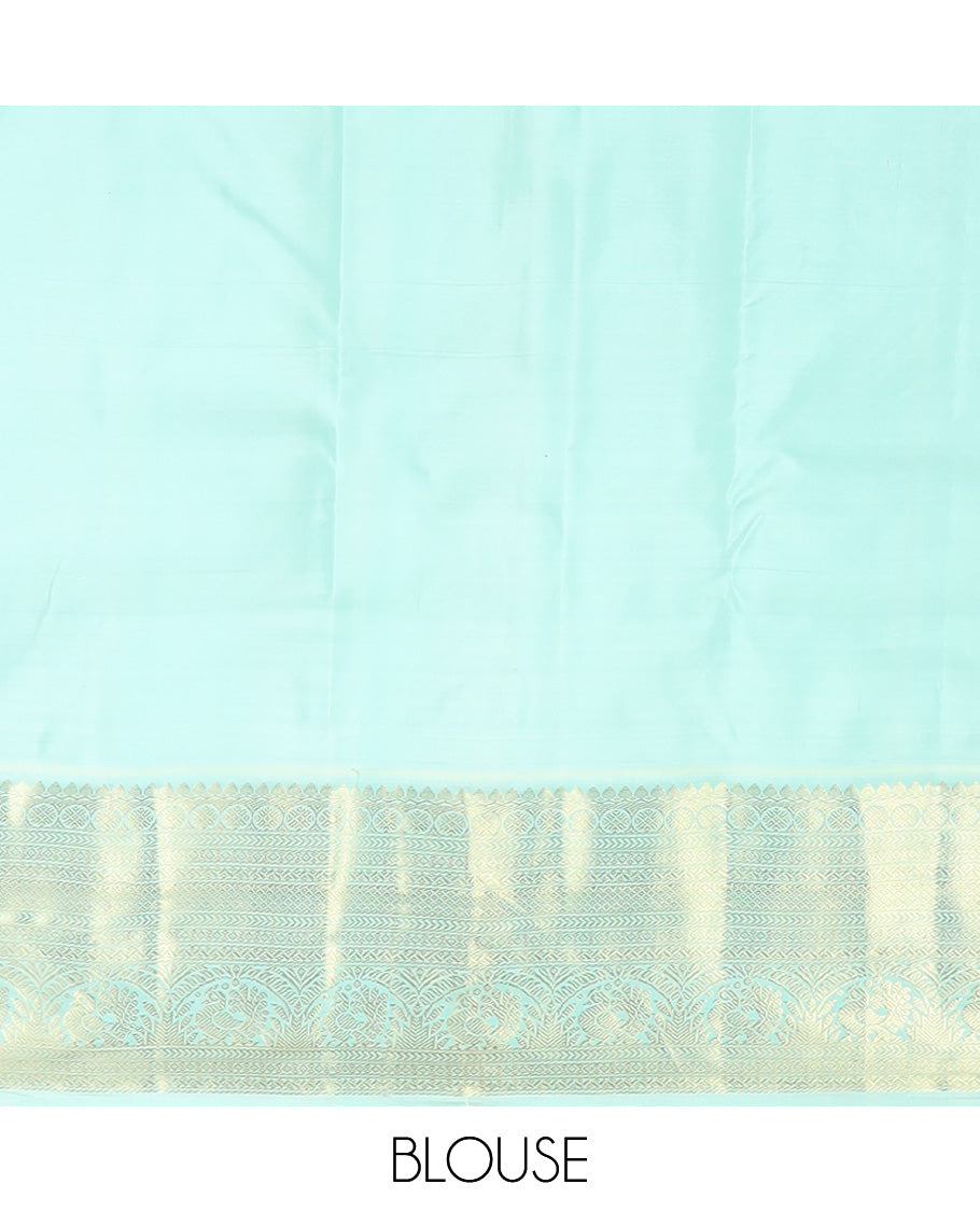 Violet zari buttas silk saree, contrast border of thilakam mokku, poun, kathir, mayil kann and mayil, scallop design pallu