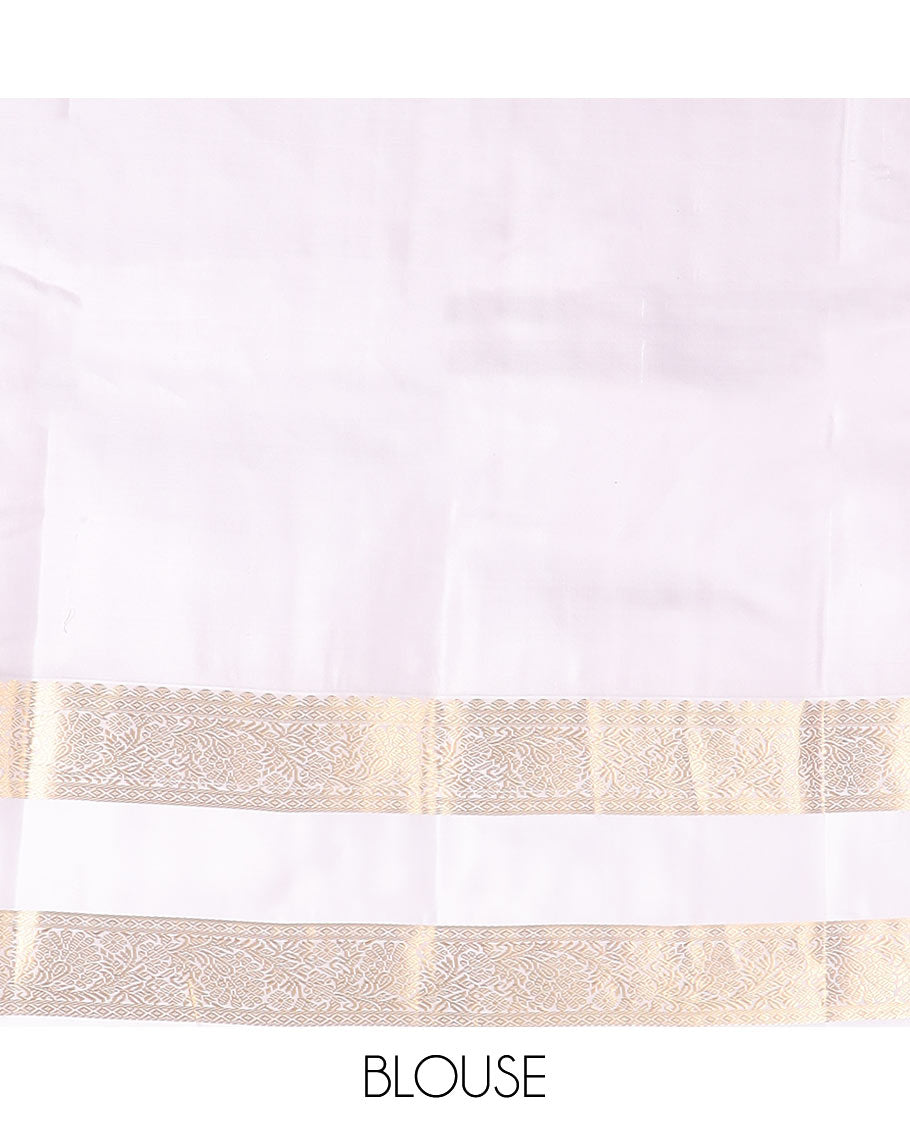 Orange arumbu manga buttas silk saree with contrast rettai pettu border of salngai, diamond, and kodi visiry designs, and intricate pallu