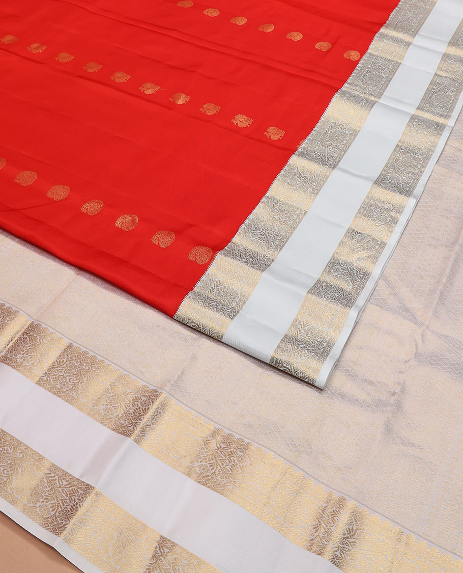 Orange arumbu manga buttas silk saree with contrast rettai pettu border of salngai, diamond, and kodi visiry designs, and intricate pallu