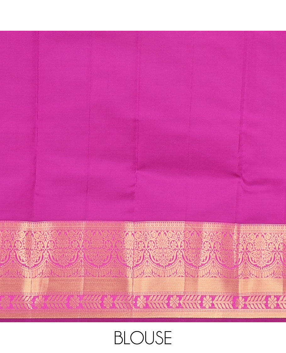Persian green silk saree with zari buttas, contrast jaal pallu & border of floral, banaras, paisa & mayil kann designs