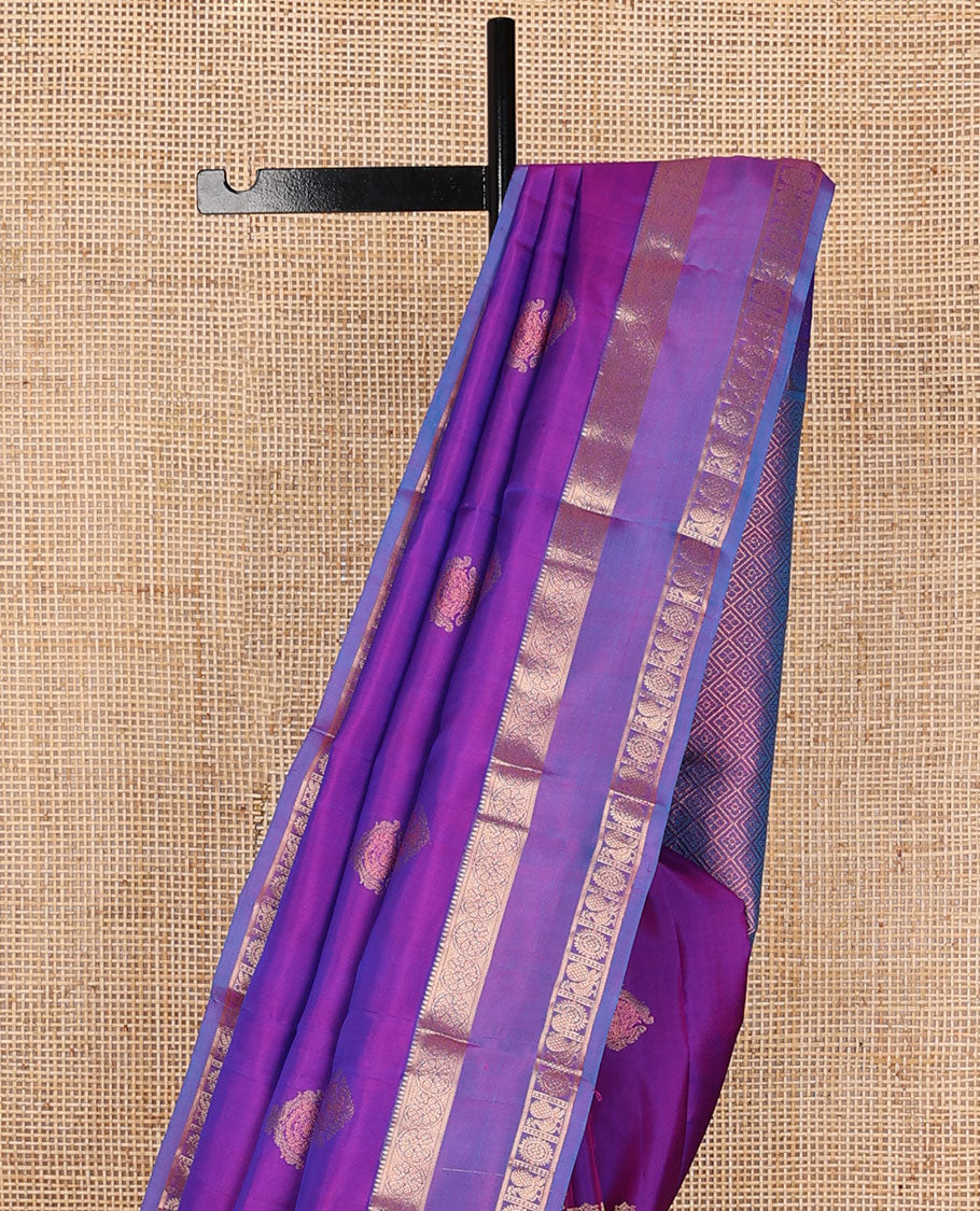 Purple zari buttas silksaree, jaal pallu & rettai pettu border of rekku, kodi visiry & annam chakram designs