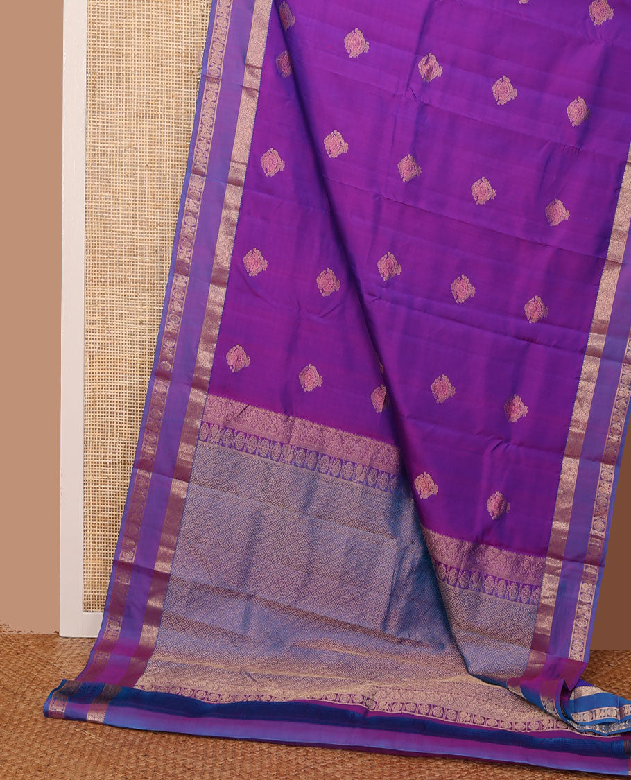 Purple zari buttas silksaree, jaal pallu & rettai pettu border of rekku, kodi visiry & annam chakram designs