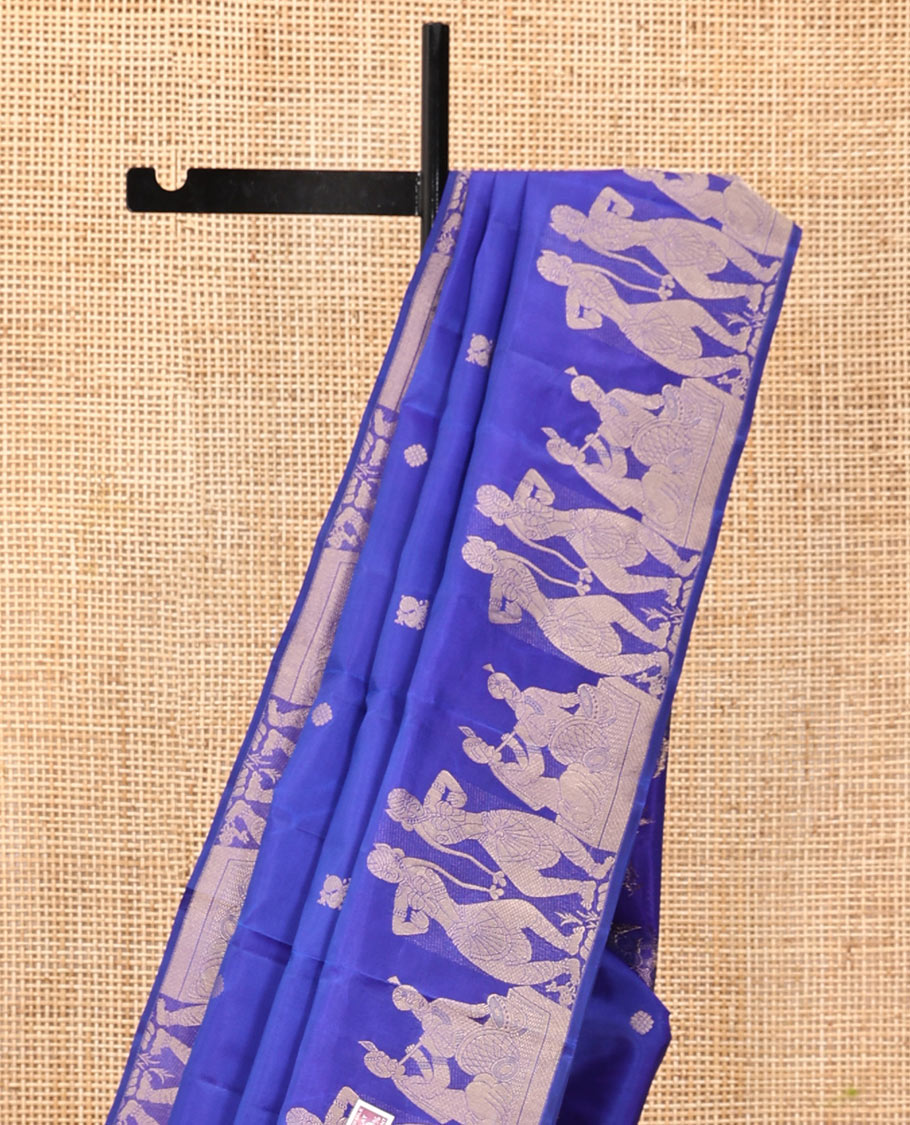 Blue Vasundhara Silk Saree, Detailed with Zari Buttas, Highlighted by a Classical Dance-Themed Woven Border, Pallu of Dance Mudras, and a Matching Blouse