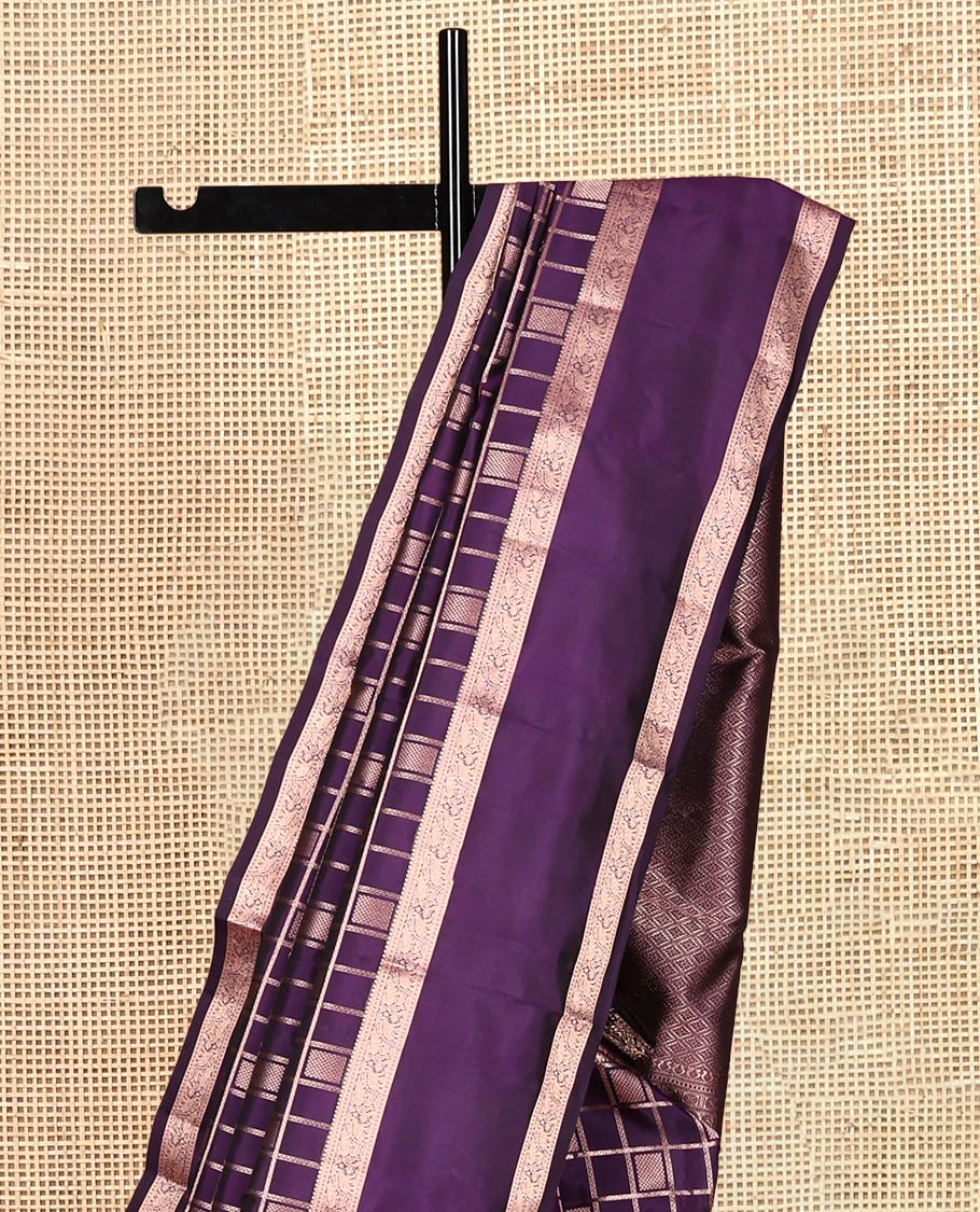 Purple Vasundhara Silk Saree, Decorated with a Zari Checked Design, Highlighted by a Zari Rettai Pettu Border of Yaanai Designs, Jaal Pallu, and a Matching Blouse