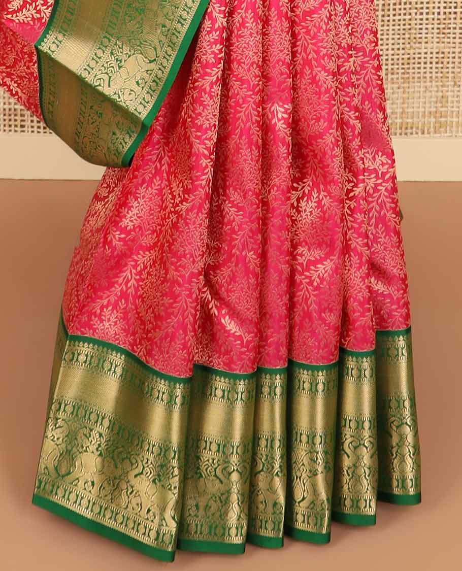 Red floral jaal design kancheepuram silk saree with contrast border of thilakam mokku, banaras, paun, muthu, yanai design & zari design pallu
